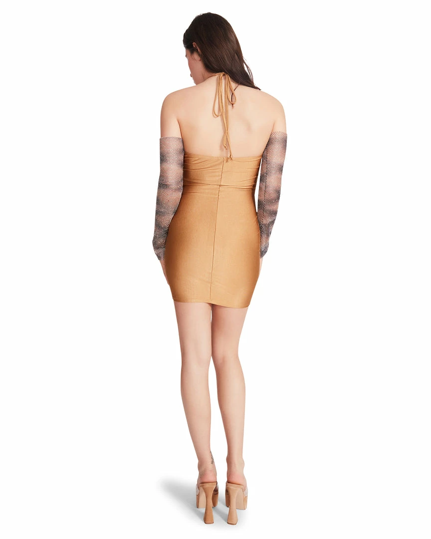 STEVEMADDEN RHINESTONE SLEEVE MINI DRESS BROWN WOMEN'S CLOTHING