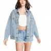 STEVEMADDEN WOMEN'S CLOTHING RHINESTONE FRINGE DENIM JACKET