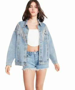 STEVEMADDEN WOMEN'S CLOTHING RHINESTONE FRINGE DENIM JACKET