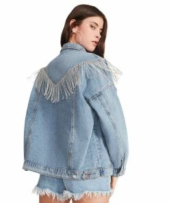 STEVEMADDEN WOMEN'S CLOTHING RHINESTONE FRINGE DENIM JACKET