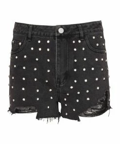 SteveMadden Shop All RHINESTONE DISTRESSED DENIM SHORTS BLACK