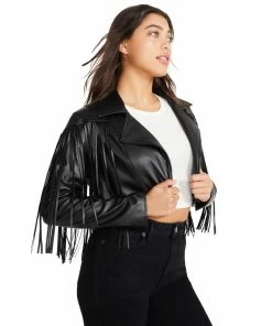 SteveMadden Y2K VIBES FRINGE FAUX LEATHER JACKET BLACK