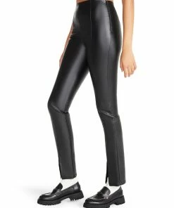 SteveMadden WOMEN'S CLOTHING SLIT FRONT FAUX LEATHER PANT BLACK