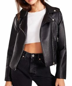 SteveMadden WOMEN'S CLOTHING JUST RIDE VEGAN LEATHER JACKET BLACK